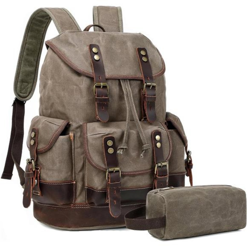 Men's Leather Backpack Waxed Canvas Vintage Backpack Rucksack With Toiletry Bag